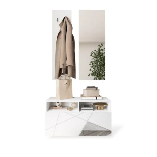 Set de Meuble d'entrée Villaricca coloris blanc serigraphie Miroir L91 cm