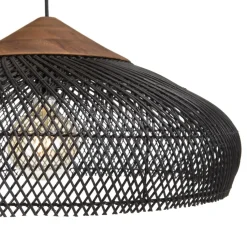 Suspension en rotin couleur noire et teck recyclé