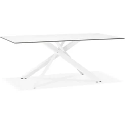 Table à diner 'MARKINA' en céramique blanche avec pied central en x blanc
