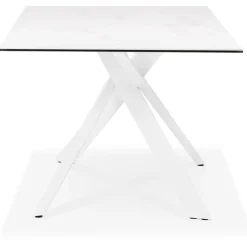 Table à diner 'MARKINA' en céramique blanche avec pied central en x blanc