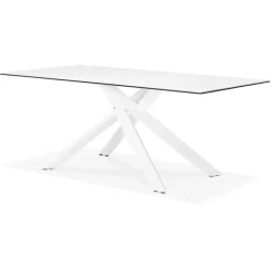 Table à diner 'MARKINA' en céramique blanche avec pied central en x blanc