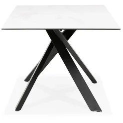 Table à diner 'MARKINA' en céramique blanche avec pied central en x noir