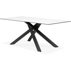 Table à diner 'MARKINA' en céramique blanche avec pied central en x noir