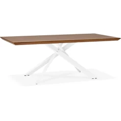 Table à diner 'WALABY' en bois finition Noyer avec pied central en x blanc