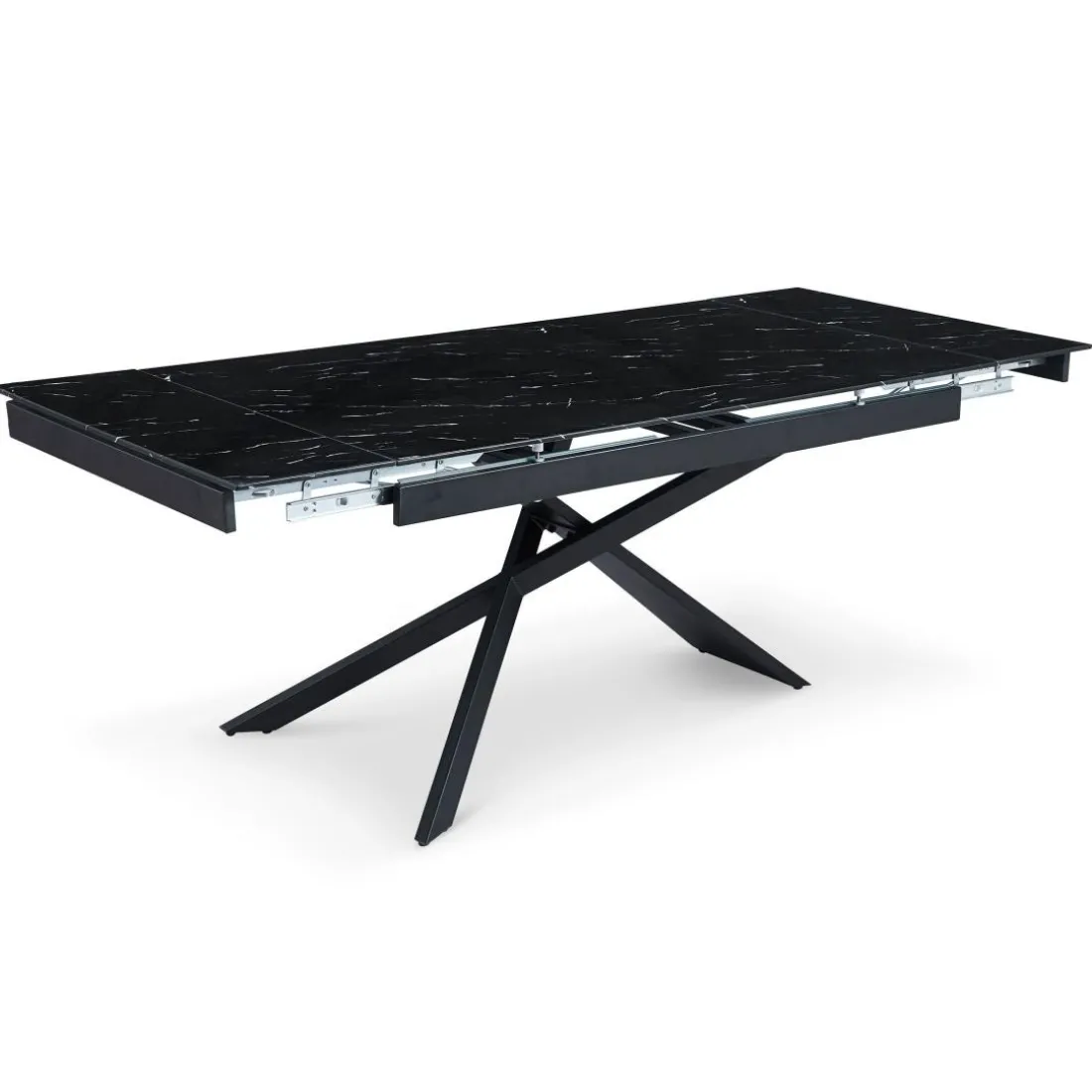 Table à manger extensible Ismael en Verre effet marbre noir et pieds Métal Noir