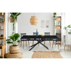Table à manger extensible Ismael en Verre effet marbre noir et pieds Métal Noir