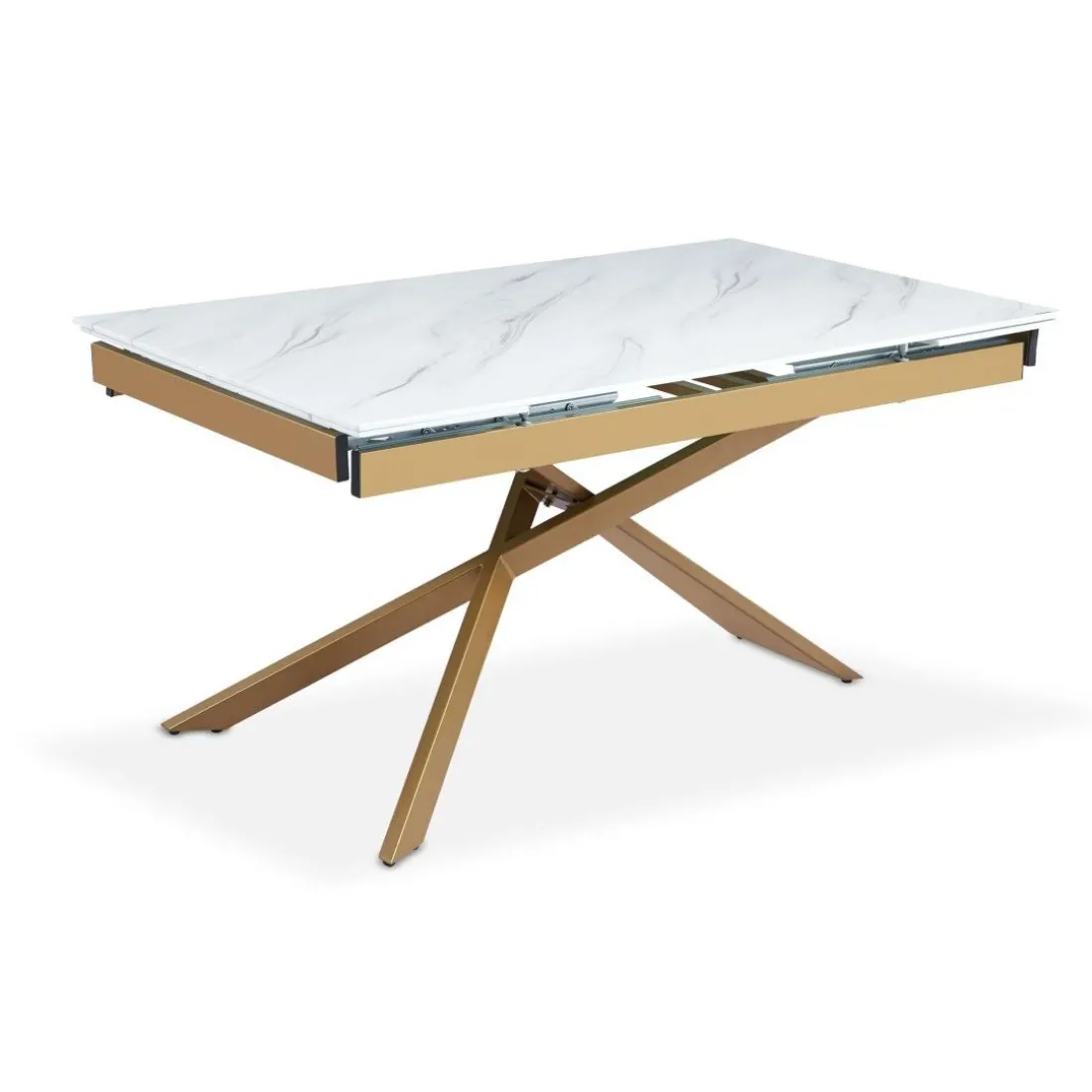 Table à manger extensible Ismael en Verre effet Marbre Blanc et pieds Métal Or