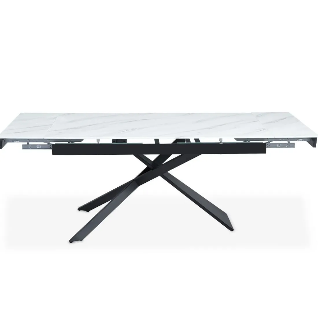 Table à manger extensible Ismael en Verre effet marbre blanc et pieds Métal Noir
