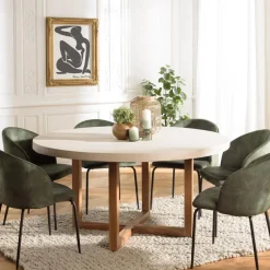 Table à manger ronde béton beige pieds croisés en teck DAK