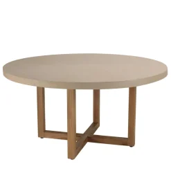 Table à manger ronde béton beige pieds croisés en teck DAK