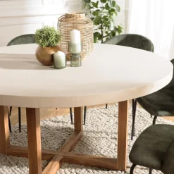 Table à manger ronde béton beige pieds croisés en teck DAK