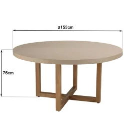 Table à manger ronde béton beige pieds croisés en teck DAK