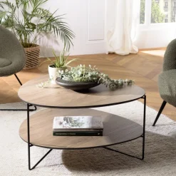 Table basse 2 plateaux forme ovoïde couleur mocha pieds métal JULIA