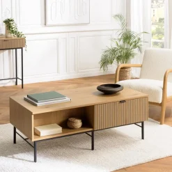 Table basse 2 tiroirs décor effet bois rainuré noir naturel SCOTT