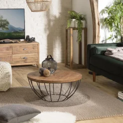 Table Basse ALIDA Coque Noire Bois Teck Recyclé Et Métal 80 X 80 Cm