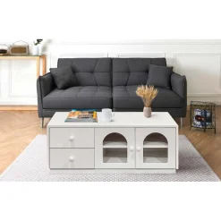 Table basse avec portes et tiroirs style naturel chic Volos Blanc texturé