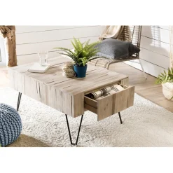 Table Basse CLEMENCE Bois Nature 2 Tiroirs Branches Teck - Pieds Épingles Scandi Métal