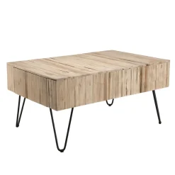 Table Basse CLEMENCE Bois Nature 2 Tiroirs Branches Teck - Pieds Épingles Scandi Métal