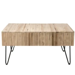 Table Basse CLEMENCE Bois Nature 2 Tiroirs Branches Teck - Pieds Épingles Scandi Métal