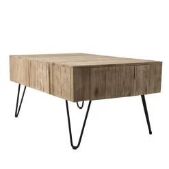 Table Basse CLEMENCE Bois Nature 2 Tiroirs Branches Teck - Pieds Épingles Scandi Métal