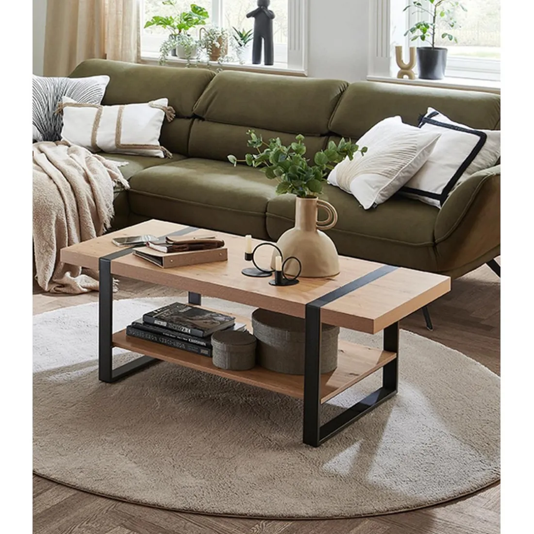 Table basse décor chêne et acier laqué noir