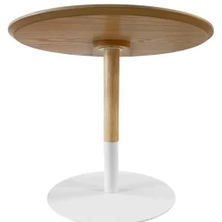 Table basse design ronde 'DILA' en bois finition naturelle et métal blanc