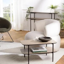 Table basse double plateau couleur mocha pieds métal noir JULIA