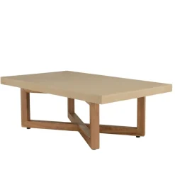 Table basse en béton beige pieds croisés en teck