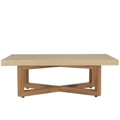 Table basse en béton beige pieds croisés en teck