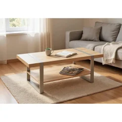 Table basse en tube d'acier peint par poudrage en gris cachemire, étagères en panneau de particules