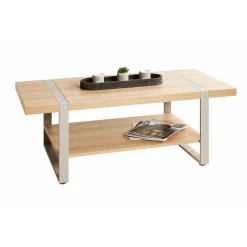 Table basse en tube d'acier peint par poudrage en gris cachemire, étagères en panneau de particules