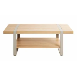 Table basse en tube d'acier peint par poudrage en gris cachemire, étagères en panneau de particules