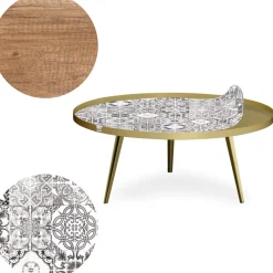 Table basse magnétique ronde à rebord Bipolart Métal Or avec 2 Tops style Natural