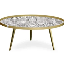 Table basse magnétique ronde à rebord Bipolart Métal Or avec 2 Tops style Natural