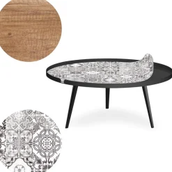 Table basse magnétique ronde à rebord Bipolart Métal Noir avec 2 Tops style Natural