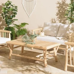 Table basse rectangulaire double plateaux en branches de Teck BORNEO Beige