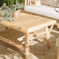 Table basse rectangulaire double plateaux en branches de Teck BORNEO Beige