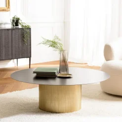 Table basse ronde avec plateau en Fer noir et pied strié Doré JAMES