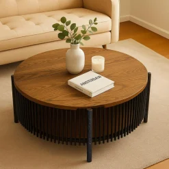 Table basse ronde avec rangement Curcuma Bois et Métal mareté Noir