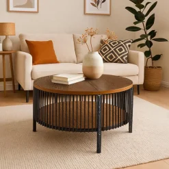 Table basse ronde avec rangement Curcuma Bois et Métal mareté Noir