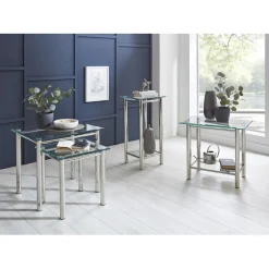 Table d'appoint acier chromé poli plateau en verre trempé