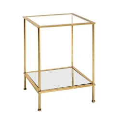 Table d'appoint carré en tube d'acier laqué or avec plateau de dessous en miroir et plateau de dessus en verre trempé transparent