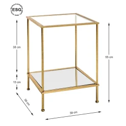 Table d'appoint carré en tube d'acier laqué or avec plateau de dessous en miroir et plateau de dessus en verre trempé transparent