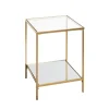 Table d'appoint carrée acier laqué d’or et plateaux miroir et verre trempé