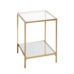 Table d'appoint carrée acier laqué d’or et plateaux miroir et verre trempé