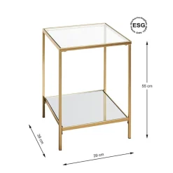 Table d'appoint carrée acier laqué d’or et plateaux miroir et verre trempé