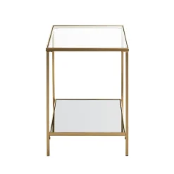 Table d'appoint carrée acier laqué d’or et plateaux miroir et verre trempé