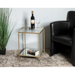 Table d'appoint carrée acier laqué d’or et plateaux miroir et verre trempé