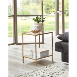 Table d'appoint carrée acier laqué d’or et plateaux miroir et verre trempé