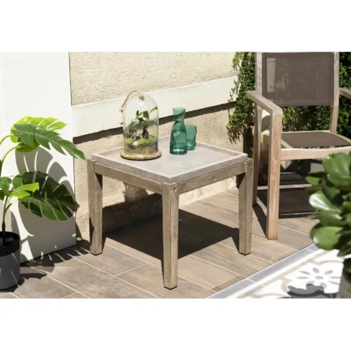 Table d'appoint de jardin carrée béton 53x53 cm et pieds en bois Acacia